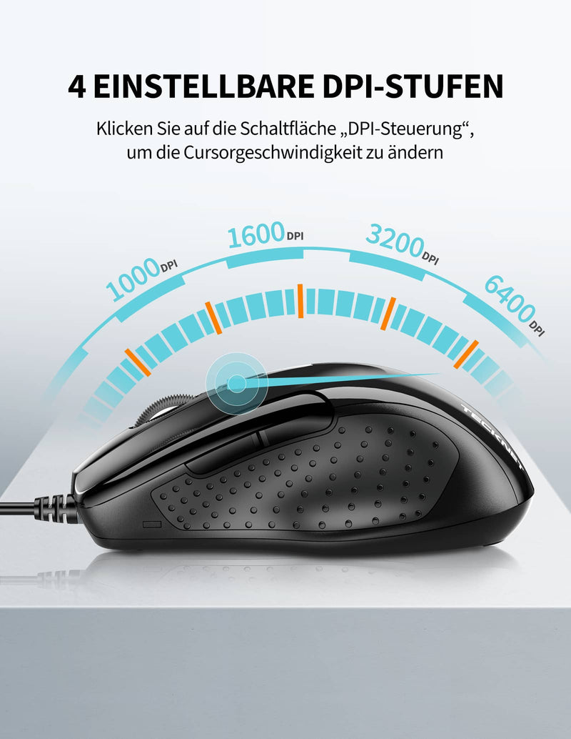 TECKNET USB-verkabelte Maus, 6-Tasten-Kabelgebundene Maus mit 4 einstellbaren DPI