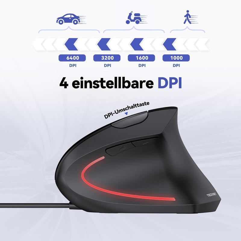 TECKNET Kabelgebundene ergonomische Maus, 6400 DPI leise vertikale Maus