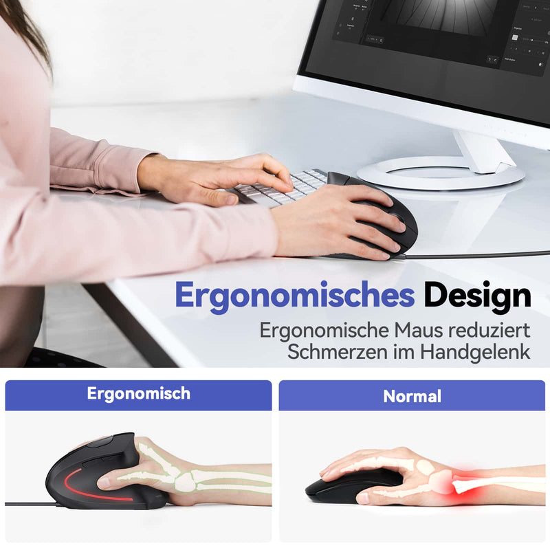 TECKNET Kabelgebundene ergonomische Maus, 6400 DPI leise vertikale Maus