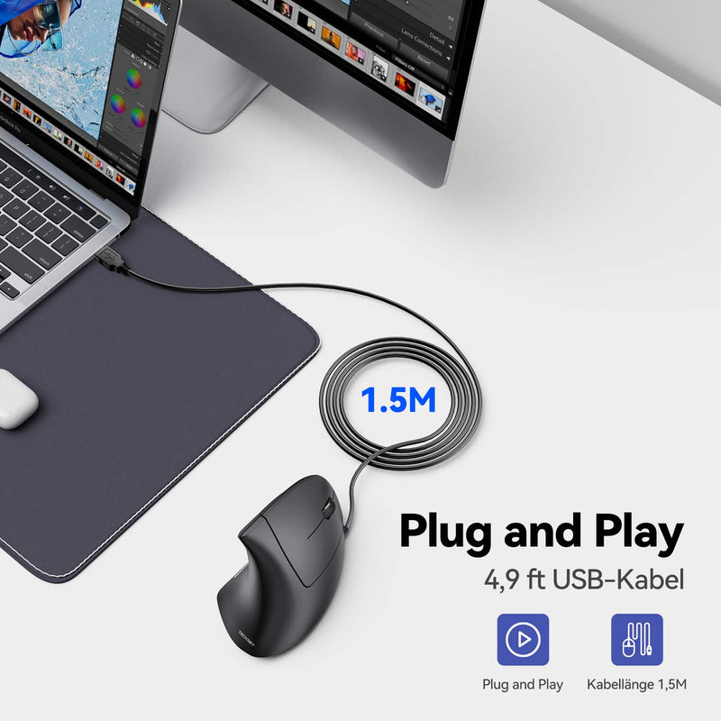 TECKNET Kabelgebundene ergonomische Maus, 6400 DPI leise vertikale Maus