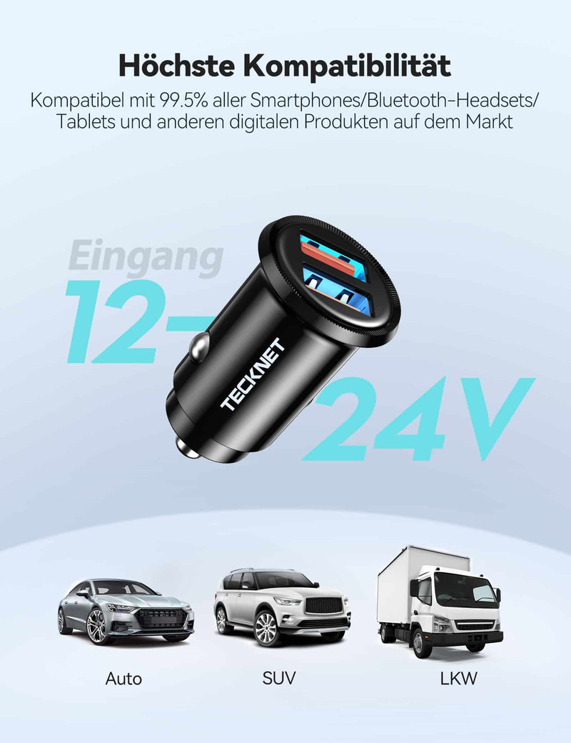 TECKNET Zigarettenanzünder USB-Autoladegerät, Dual QC3.0-Port 36W/6A Schnellladung