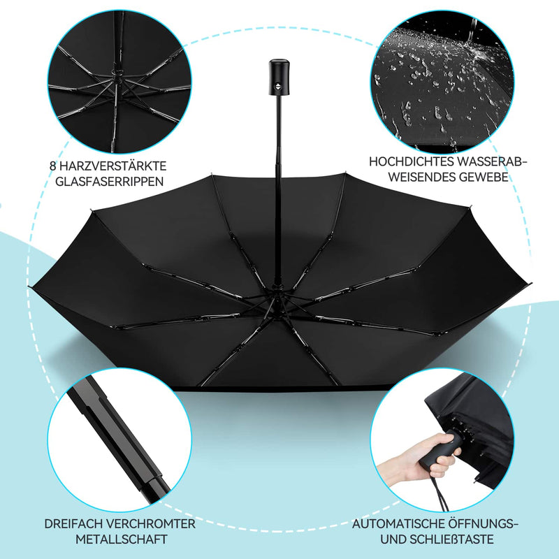 TechRise Regenschirm, winddichter Regenschirm mit automatischem Öffnen und Schließen, tragbarer und faltbarer Taschenregenschirm