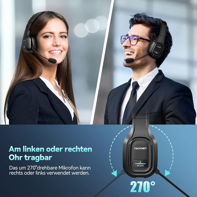 TECKNET Bluetooth Headset mit Mikrofon, PC Headset mit Rauschunterdrückung