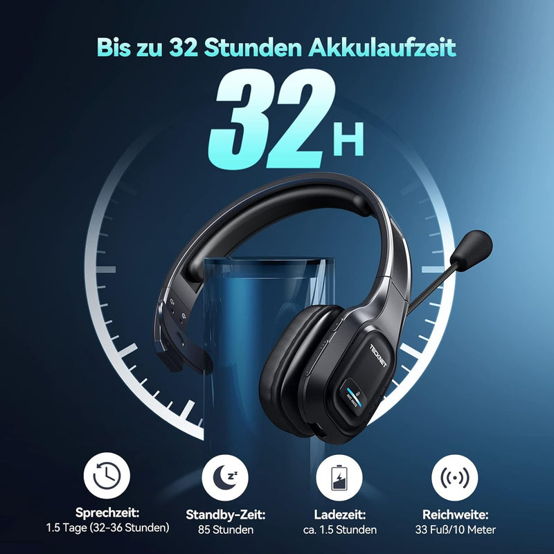 TECKNET Bluetooth Headset mit Mikrofon, PC Headset mit Rauschunterdrückung