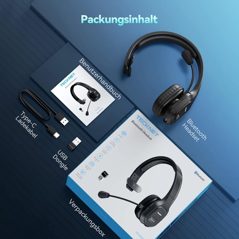 TECKNET Bluetooth Headset mit Mikrofon, PC Headset mit Rauschunterdrückung