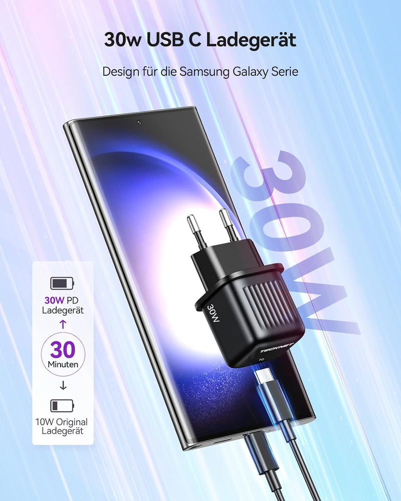 TECKNET 30W USB C Ladegerät, PD 3.0 Schnellladegerät und 2M Type C Ladekabel für Samsung Galaxy