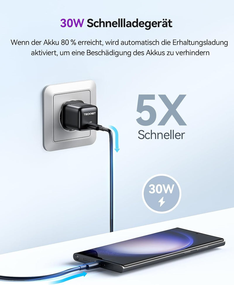 TECKNET 30W USB C Ladegerät, PD 3.0 Schnellladegerät und 2M Type C Ladekabel für Samsung Galaxy