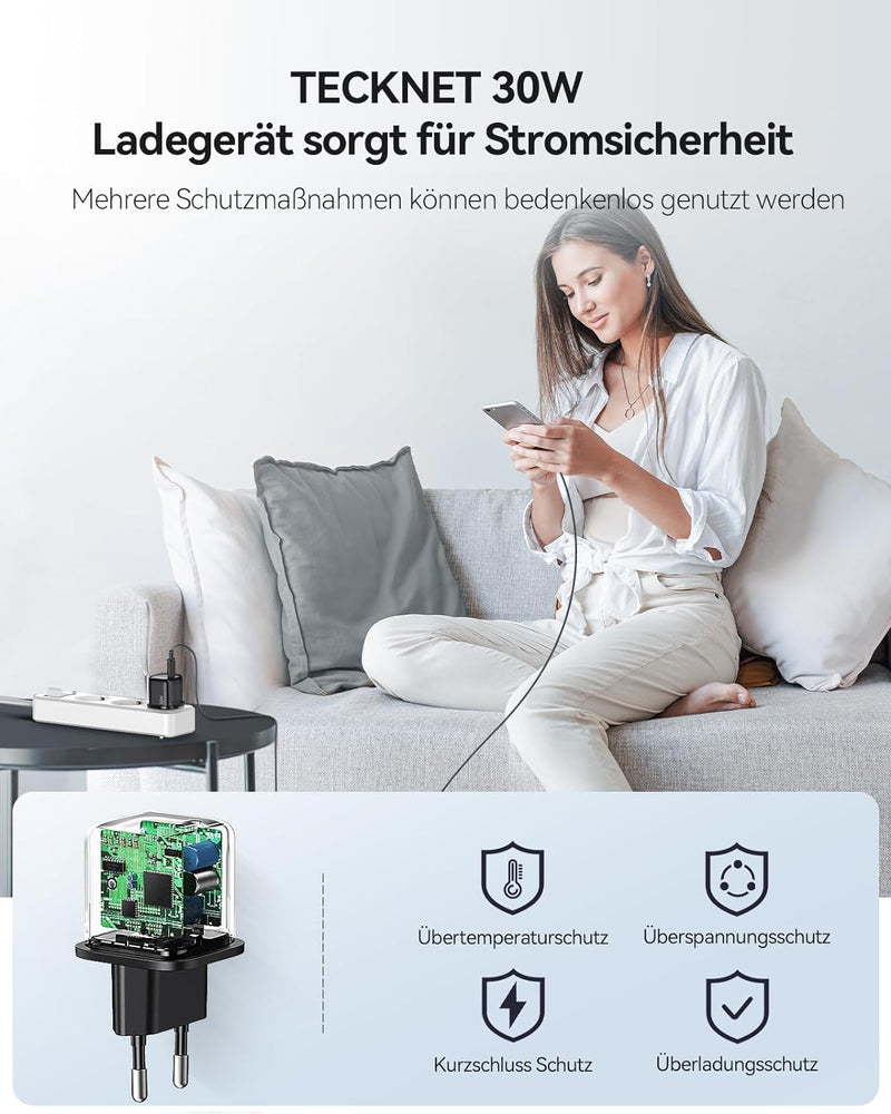 TECKNET 30W USB C Ladegerät, PD 3.0 Schnellladegerät und 2M Type C Ladekabel für Samsung Galaxy