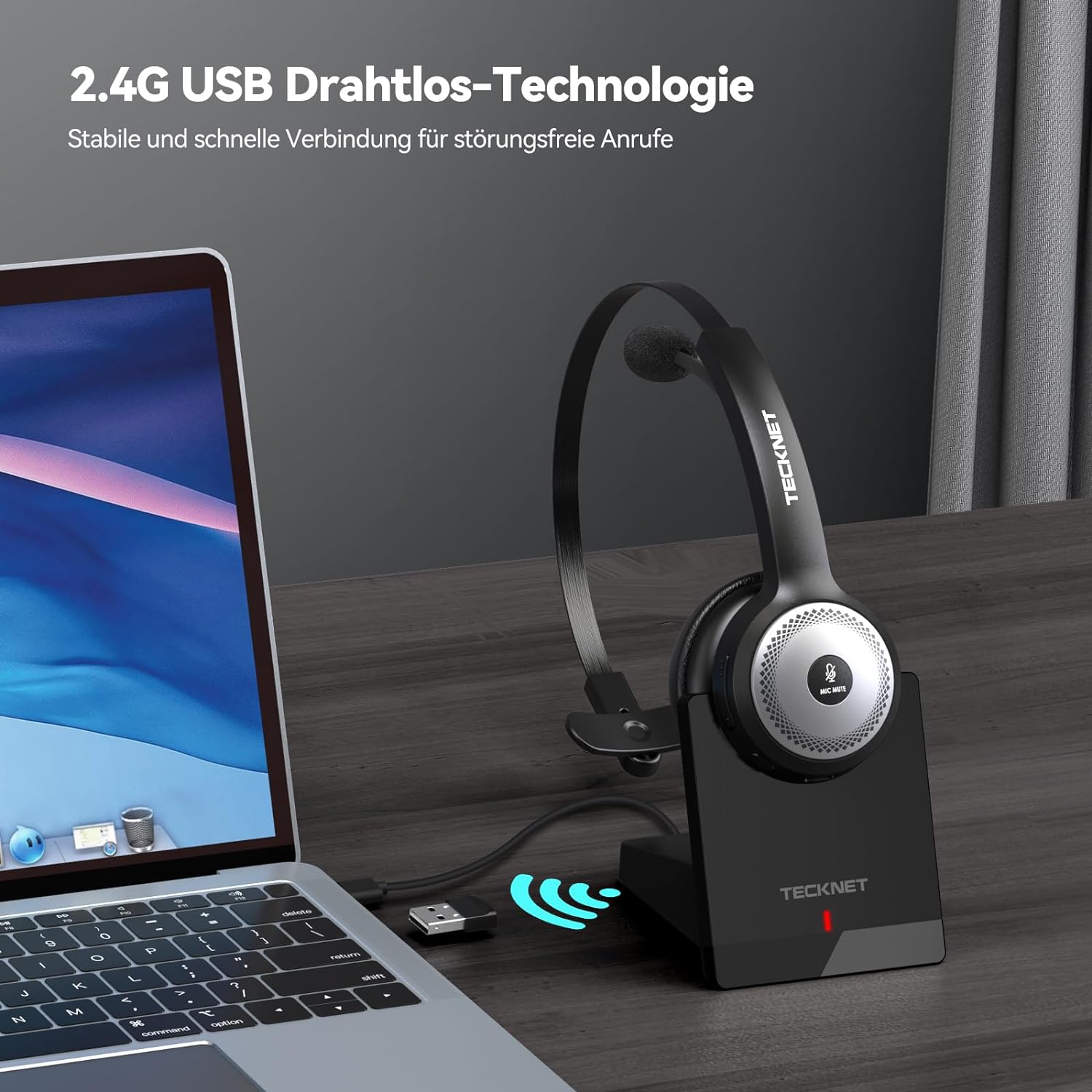 TECKNET Bluetooth Headset mit Mikrofon, USB PC Bluetooth Headset mit AI Rauschunterdrückung