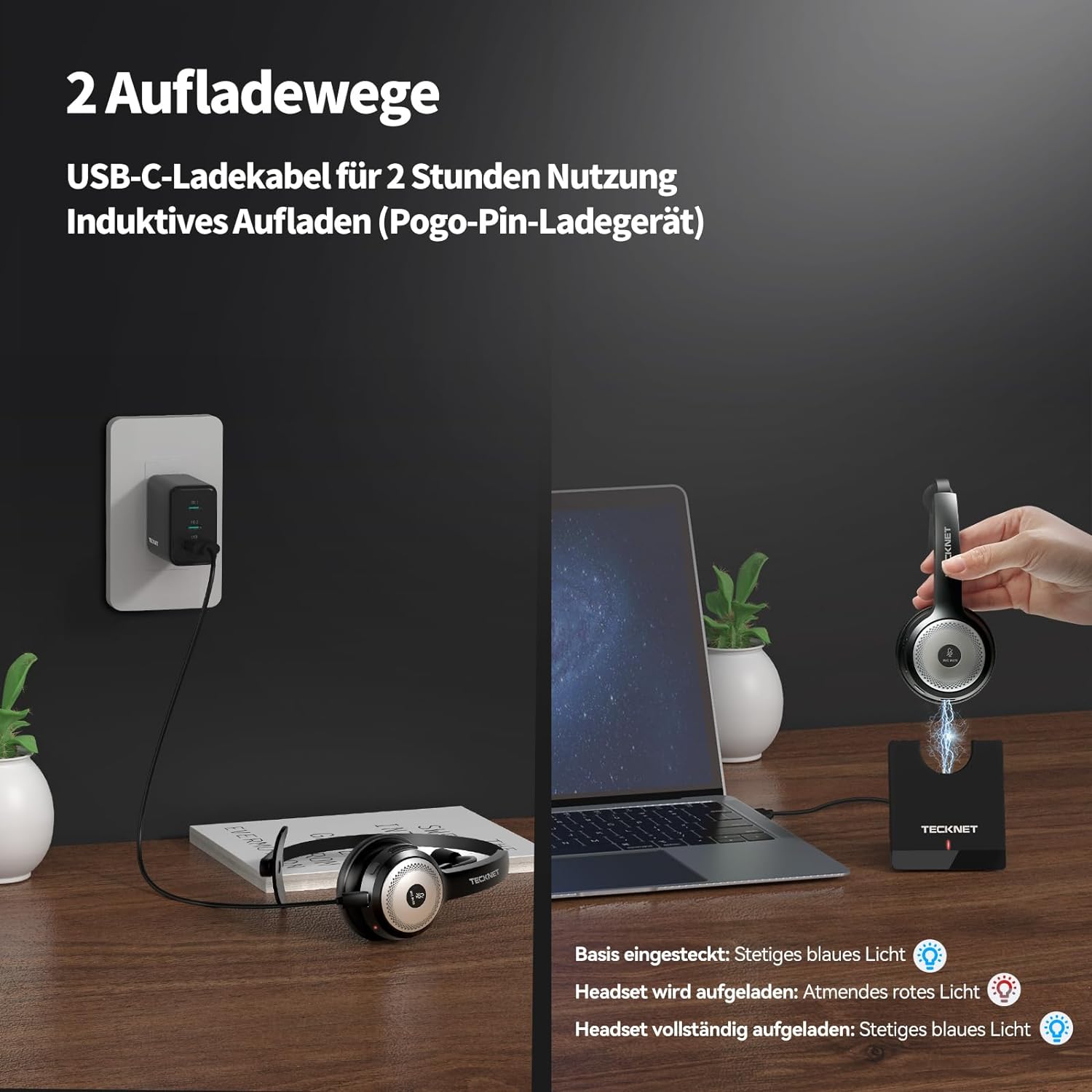 TECKNET Bluetooth Headset mit Mikrofon, USB PC Bluetooth Headset mit AI Rauschunterdrückung