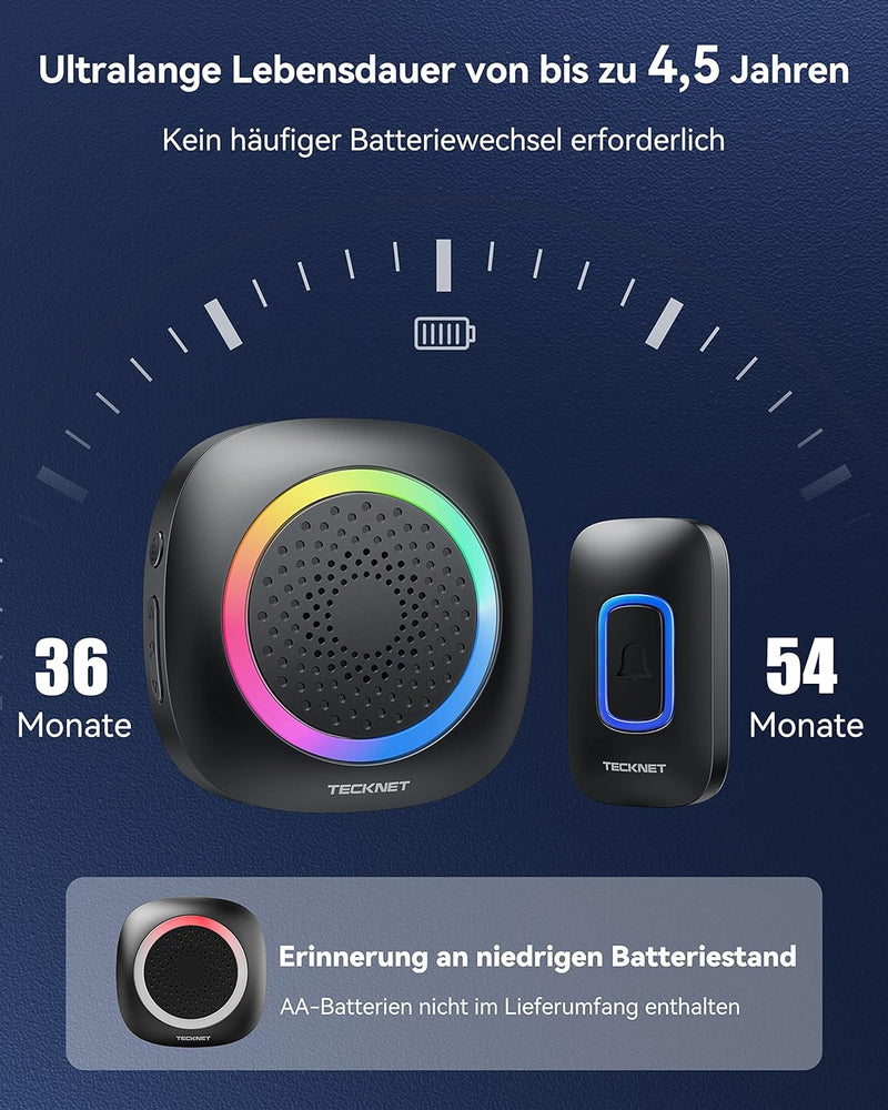 TECKNET Funkklingel, Funkklingel Aussen Wasserdicht 2 Empfänger Mit RGB Licht, 60 Melodien, IP66 Funk Klingel Set