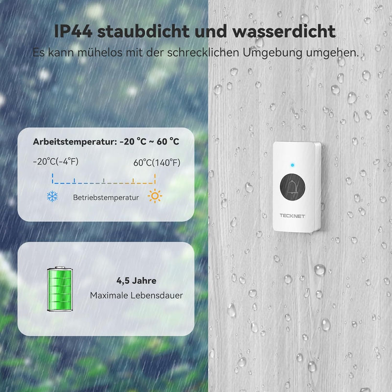 TECKNET Funkklingel, kabellose Türklingel Batteriebetrieben mit 400M Funk Reichweite