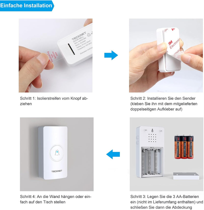 TECKNET Funkklingel, kabellose Türklingel Batteriebetrieben mit 400M Funk Reichweite