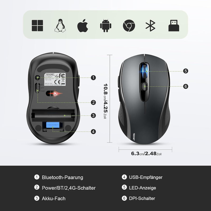 TECKNET Kabellose Maus, Bluetooth-Funkmaus (Tri-Mode: BT 5.0/3.0+2.4G)