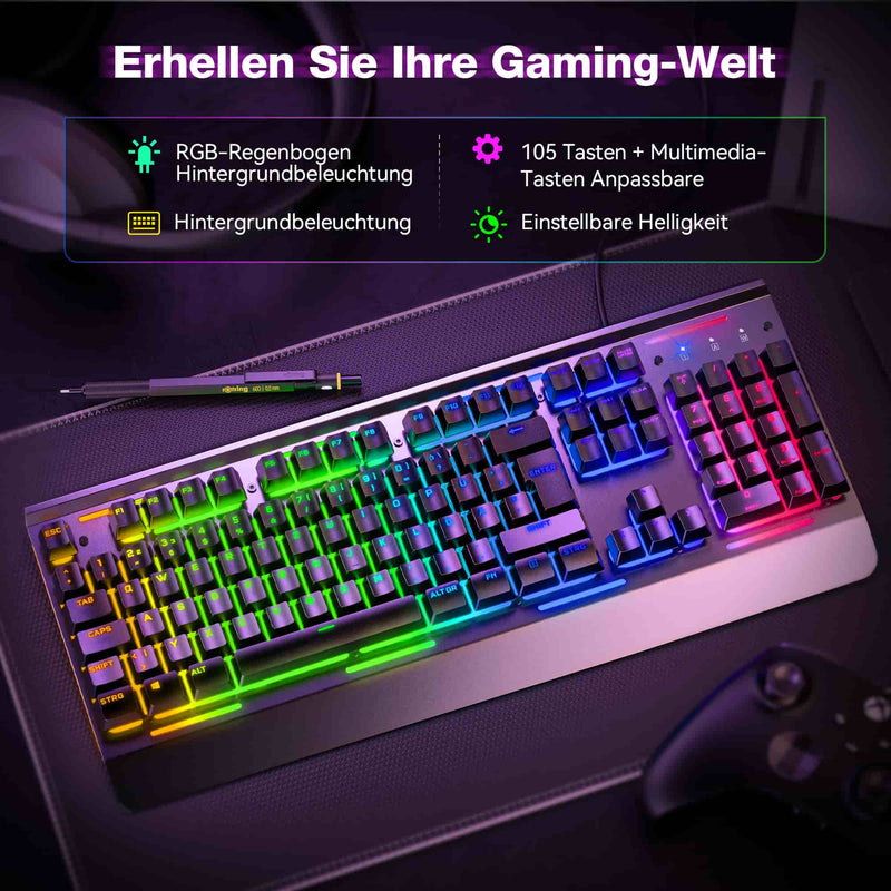 TECKNET RGB Gaming-Tastatur für PC, Membrantastatur mit 105 Tasten im deutschen Layout (QWERTZ)