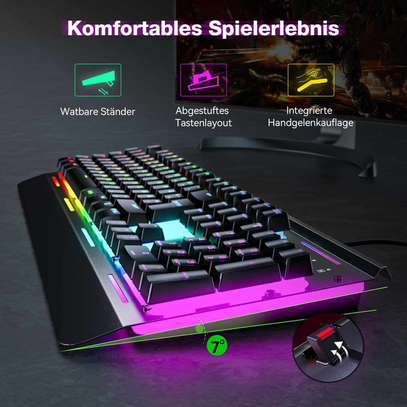 TECKNET RGB Gaming-Tastatur für PC, Membrantastatur mit 105 Tasten im deutschen Layout (QWERTZ)