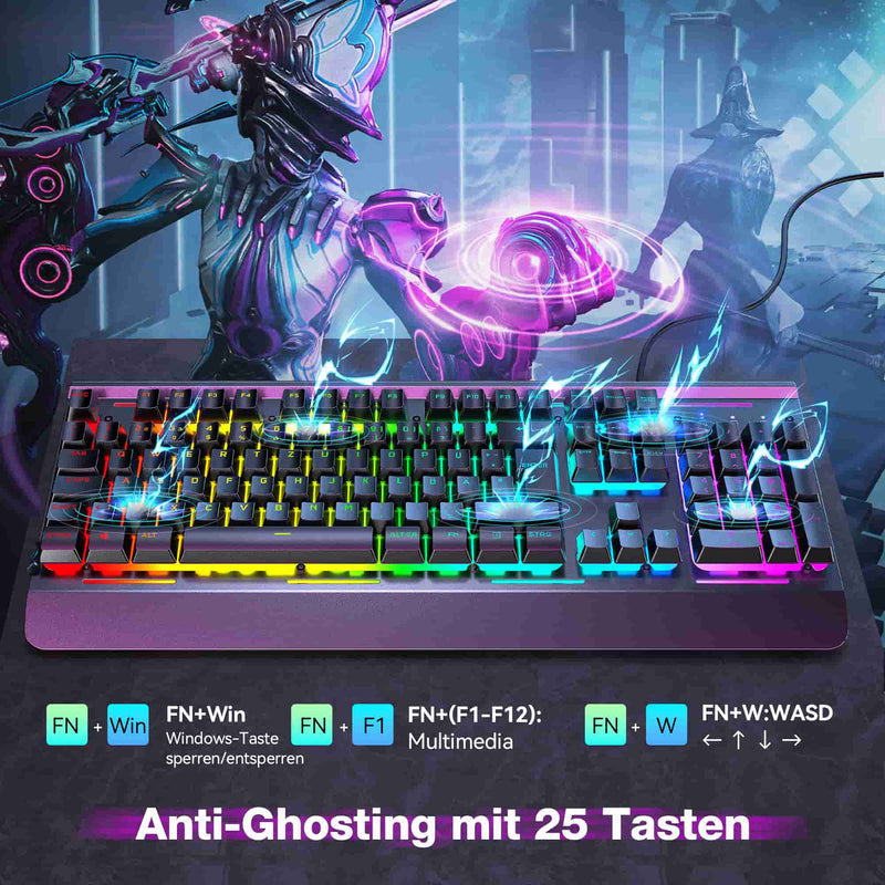 TECKNET RGB Gaming-Tastatur für PC, Membrantastatur mit 105 Tasten im deutschen Layout (QWERTZ)