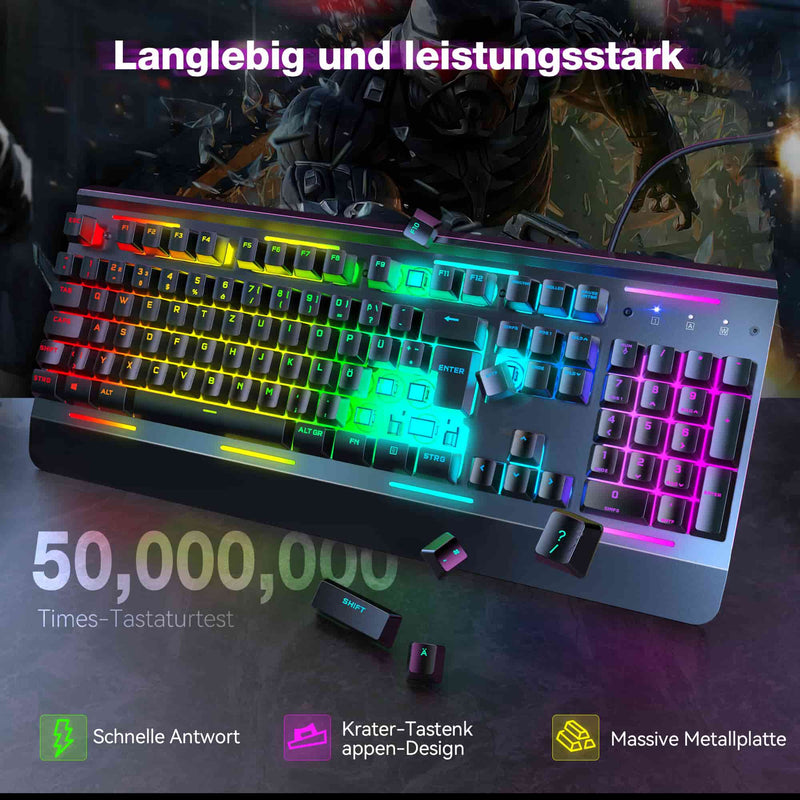 TECKNET RGB Gaming-Tastatur für PC, Membrantastatur mit 105 Tasten im deutschen Layout (QWERTZ)