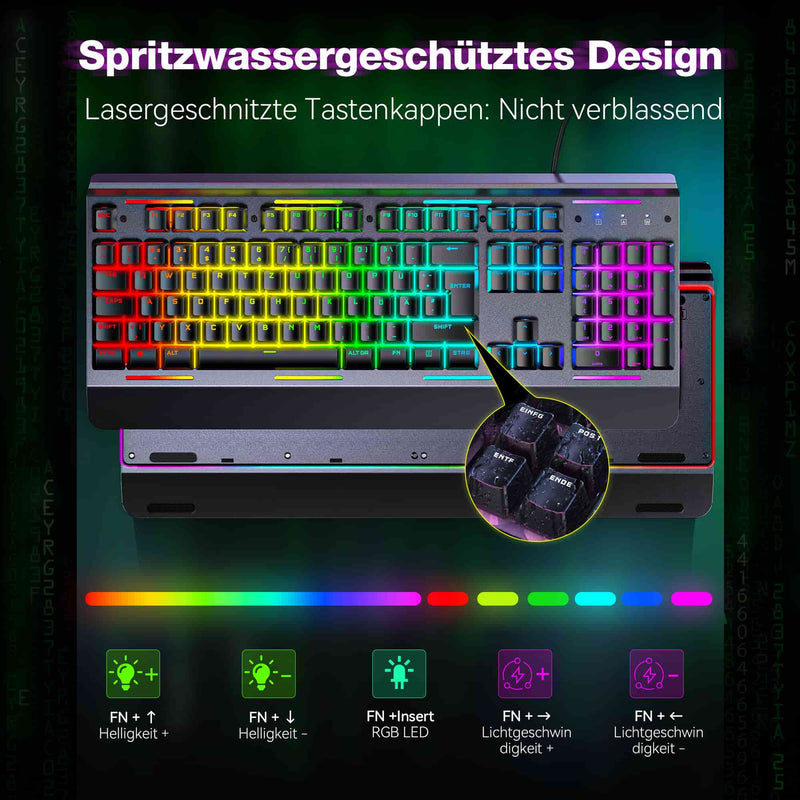 TECKNET RGB Gaming-Tastatur für PC, Membrantastatur mit 105 Tasten im deutschen Layout (QWERTZ)