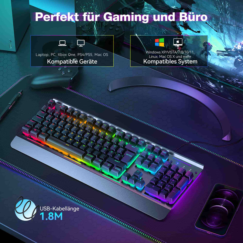 TECKNET RGB Gaming-Tastatur für PC, Membrantastatur mit 105 Tasten im deutschen Layout (QWERTZ)