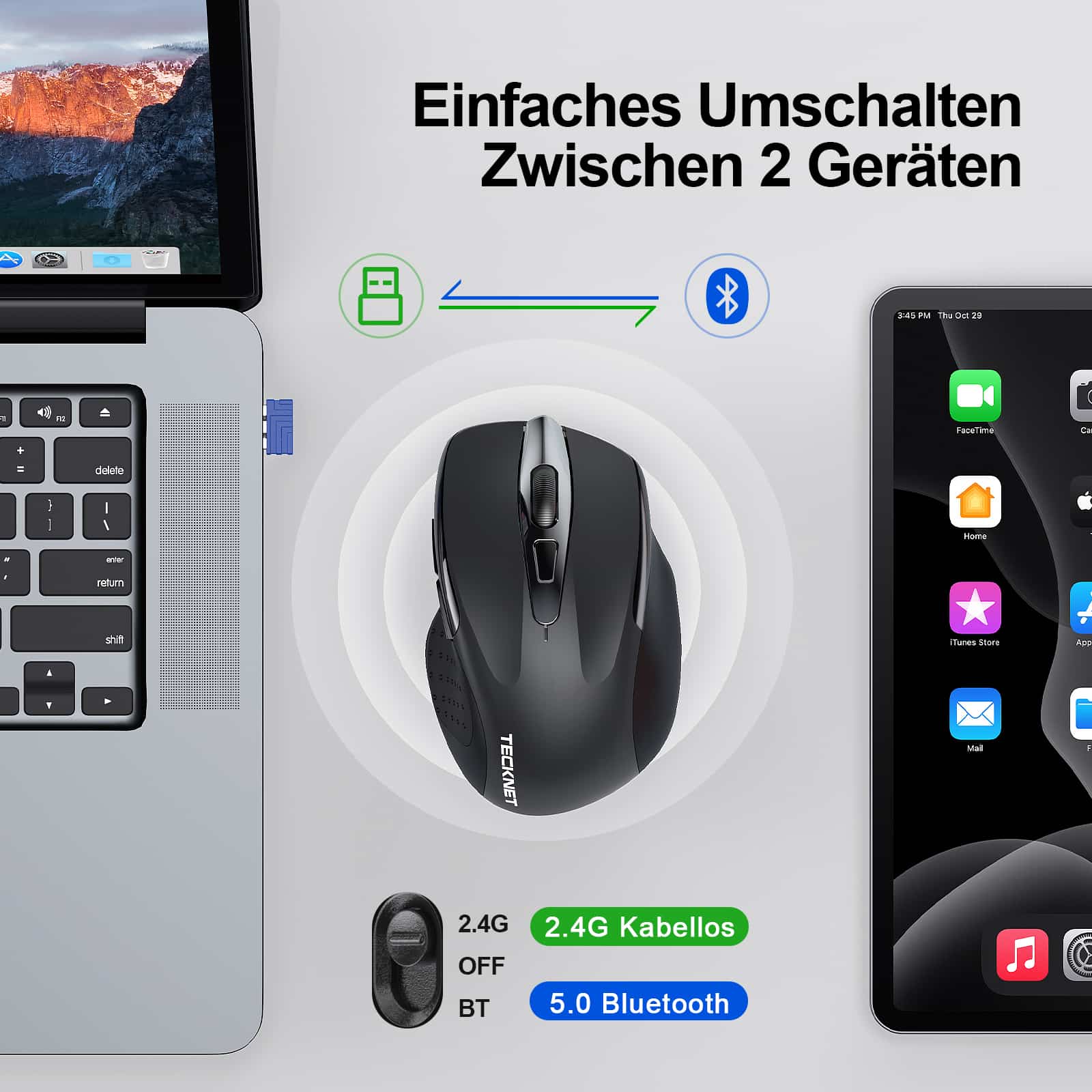 TECKNET Silent Bluetooth-Maus, kabellose wiederaufladbare Maus(Tri-Mode: BT 5.0/3.0+2.4G), 4800 DPI einstellbar