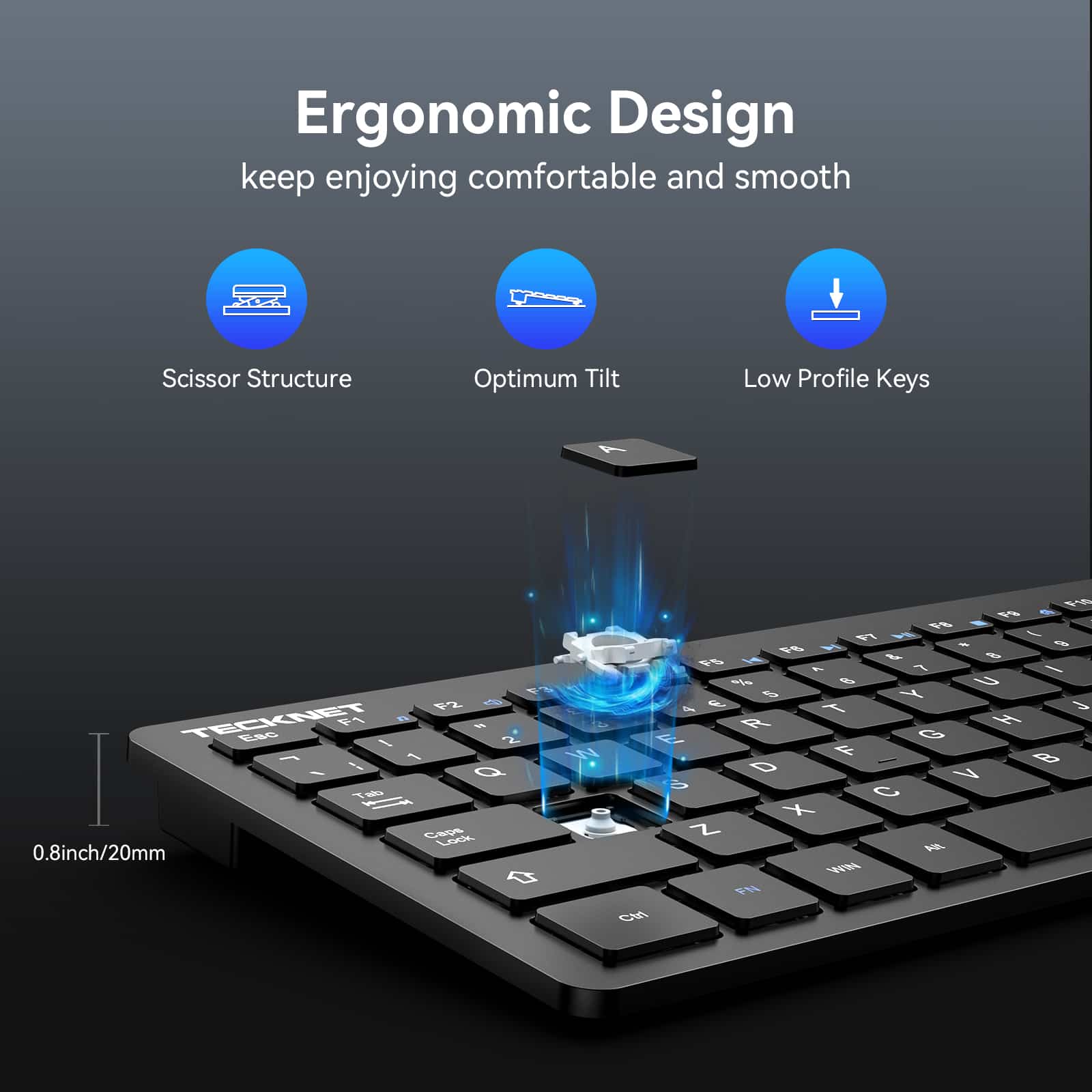 TECKNET Slim Kabellose Tastatur, 2.4 GHz, 78 Tasten Mini Wireless Tastatur mit Nano USB Empfänger