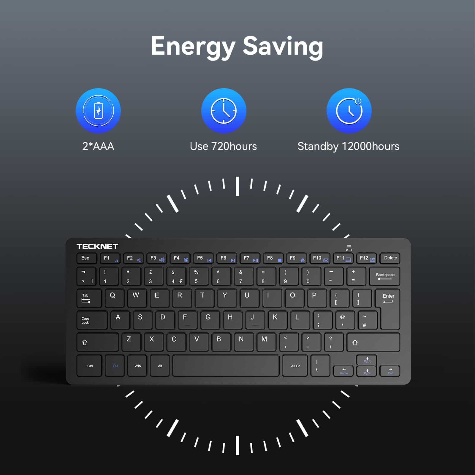 TECKNET Slim Kabellose Tastatur, 2.4 GHz, 78 Tasten Mini Wireless Tastatur mit Nano USB Empfänger