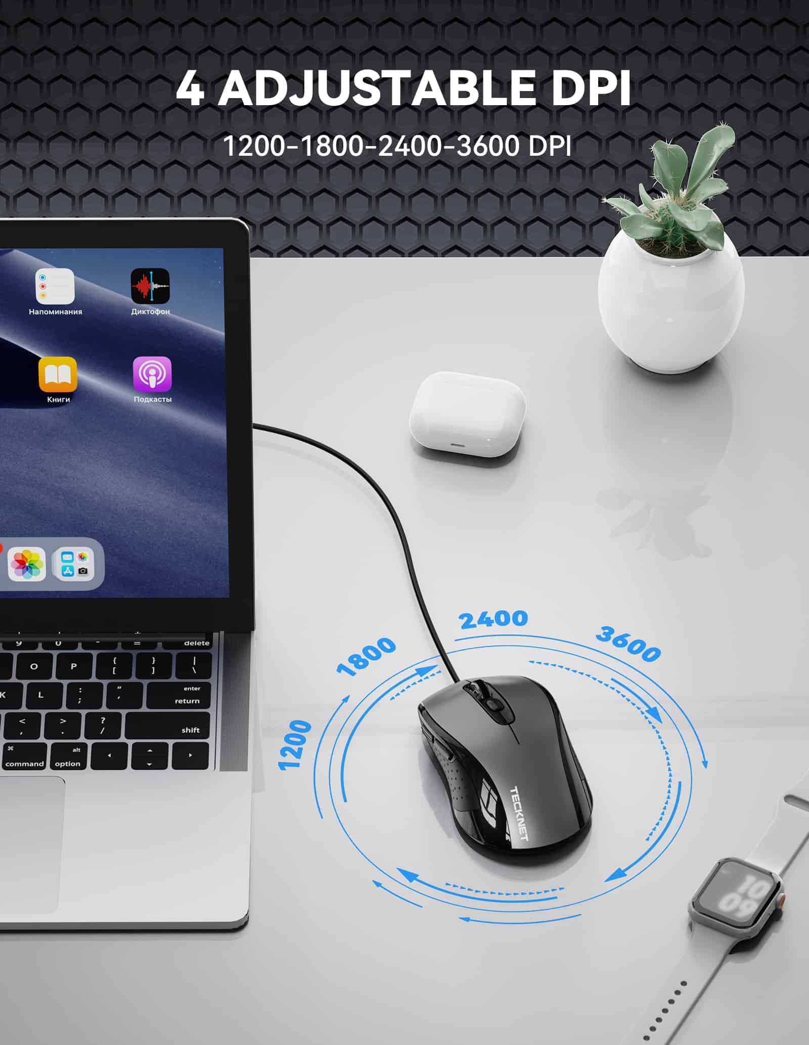 TECKNET Kabelgebundene Maus, USB-kabelgebundene Computermaus mit 3600 DPI und 4 einstellbaren Stufen