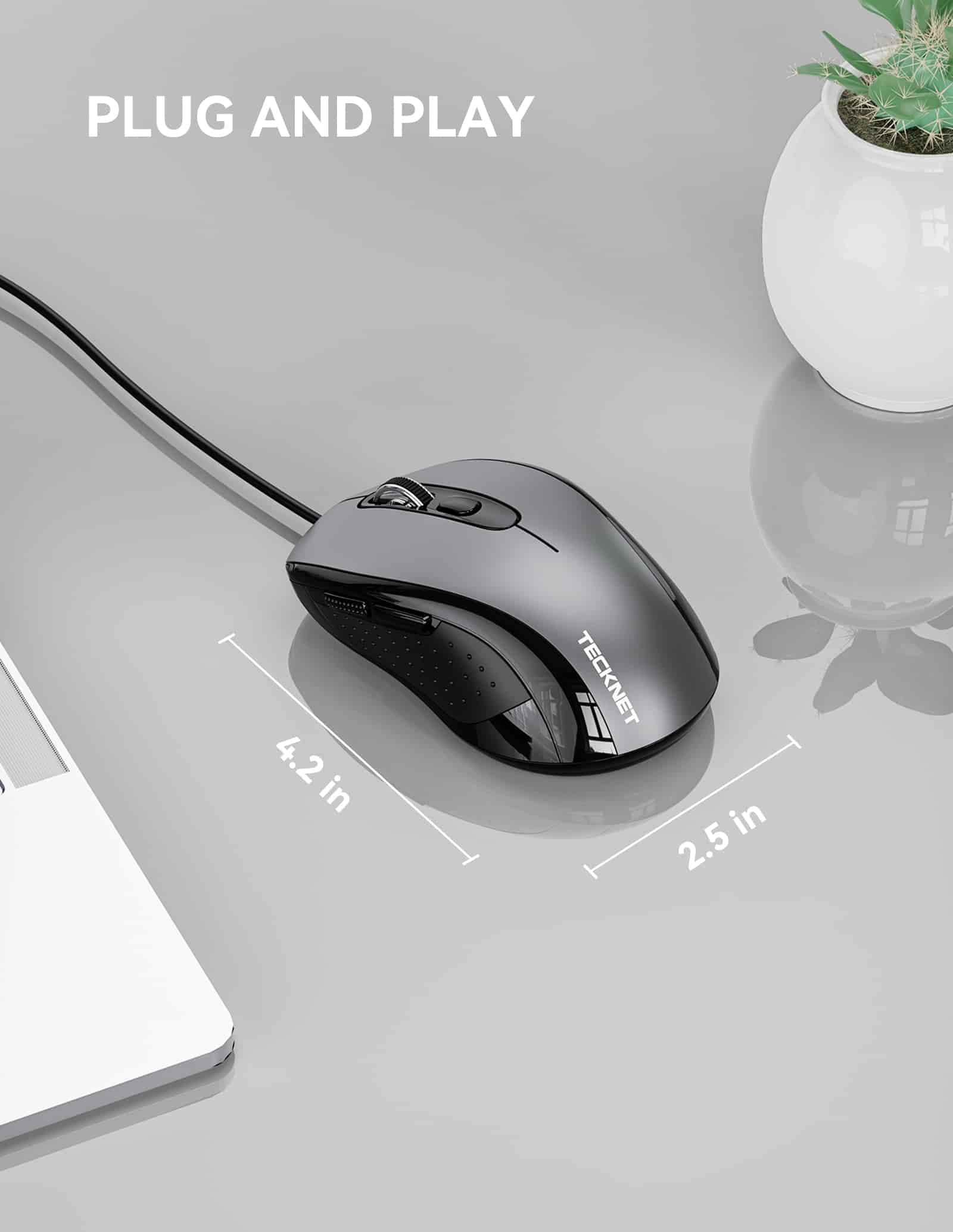 TECKNET Kabelgebundene Maus, USB-kabelgebundene Computermaus mit 3600 DPI und 4 einstellbaren Stufen