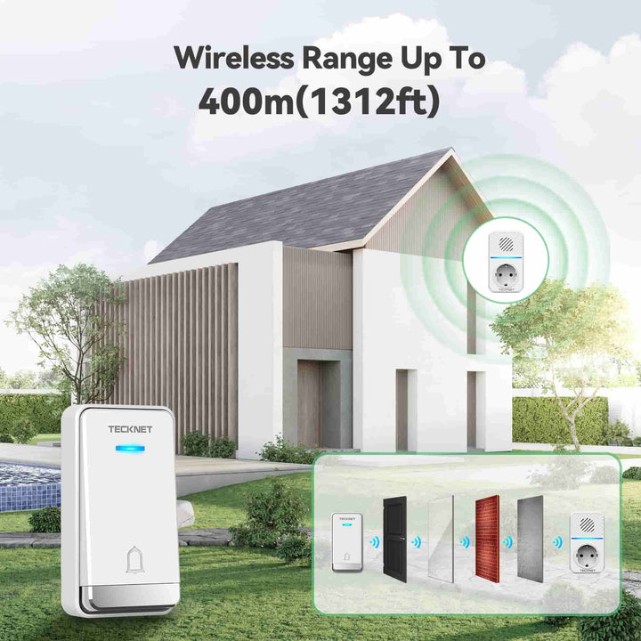 TECKNET Wireless Bell Battery-Free with EU Socket and USB, IP65 Waterproof