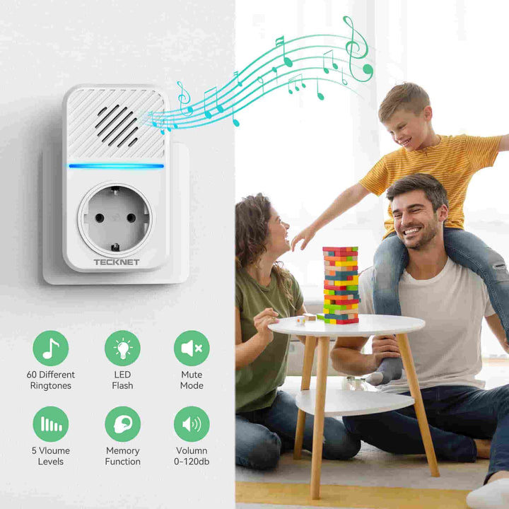 TECKNET Wireless Bell Battery-Free with EU Socket and USB, IP65 Waterproof