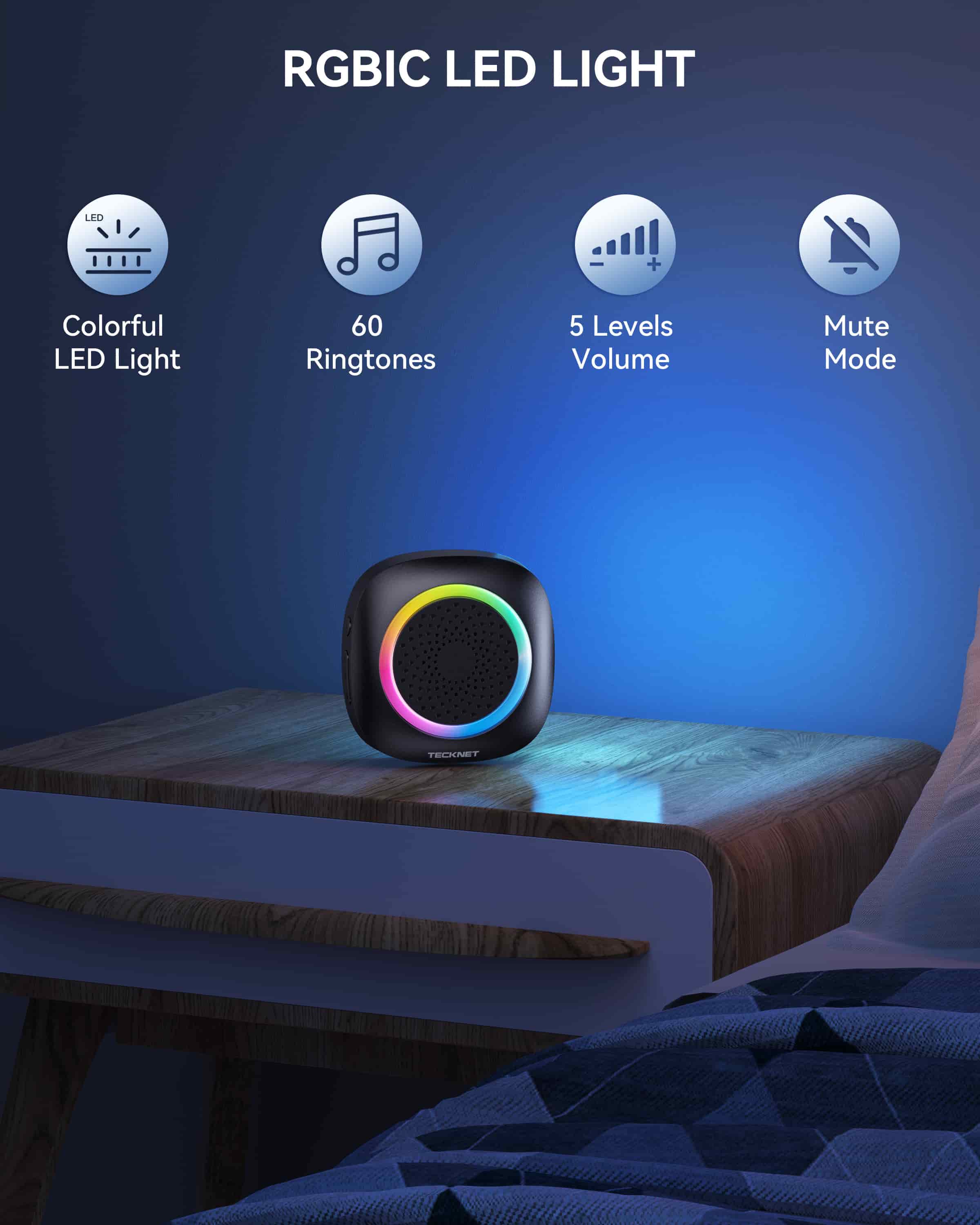 TECKNET Funkklingel, Kabellose Türklingel Batteriebetrieben mit RGB Licht 60 Melodien