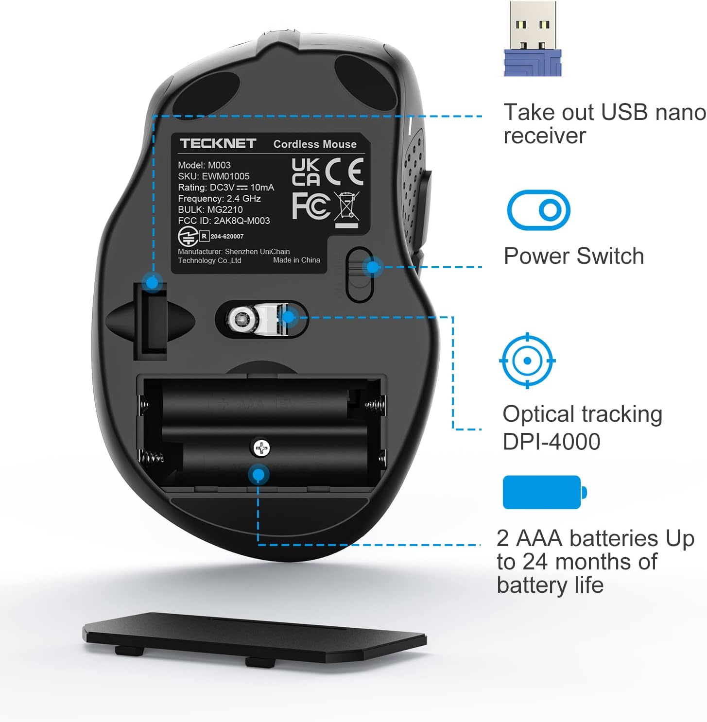 TECKNET Kabellose Maus, leise kabellose Maus, ergonomisch, 4000 DPI optische Tracking