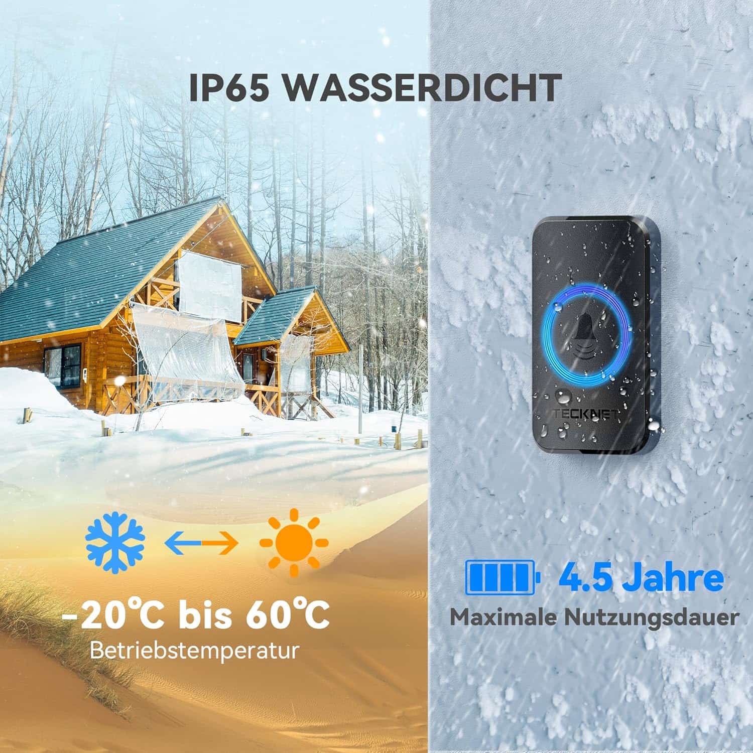 TECKNET Funkklingel, Kabellose Türklingel Funk Set 400m Reichweite, IP65 Aussen Wasserdicht Haustür Klingel