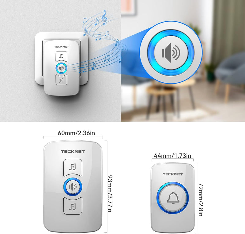 TECKNET Funkklingel, Kabellose Türklingel Set IP65 Funkklingel Aussen Wasserdicht mit 60 Melodien