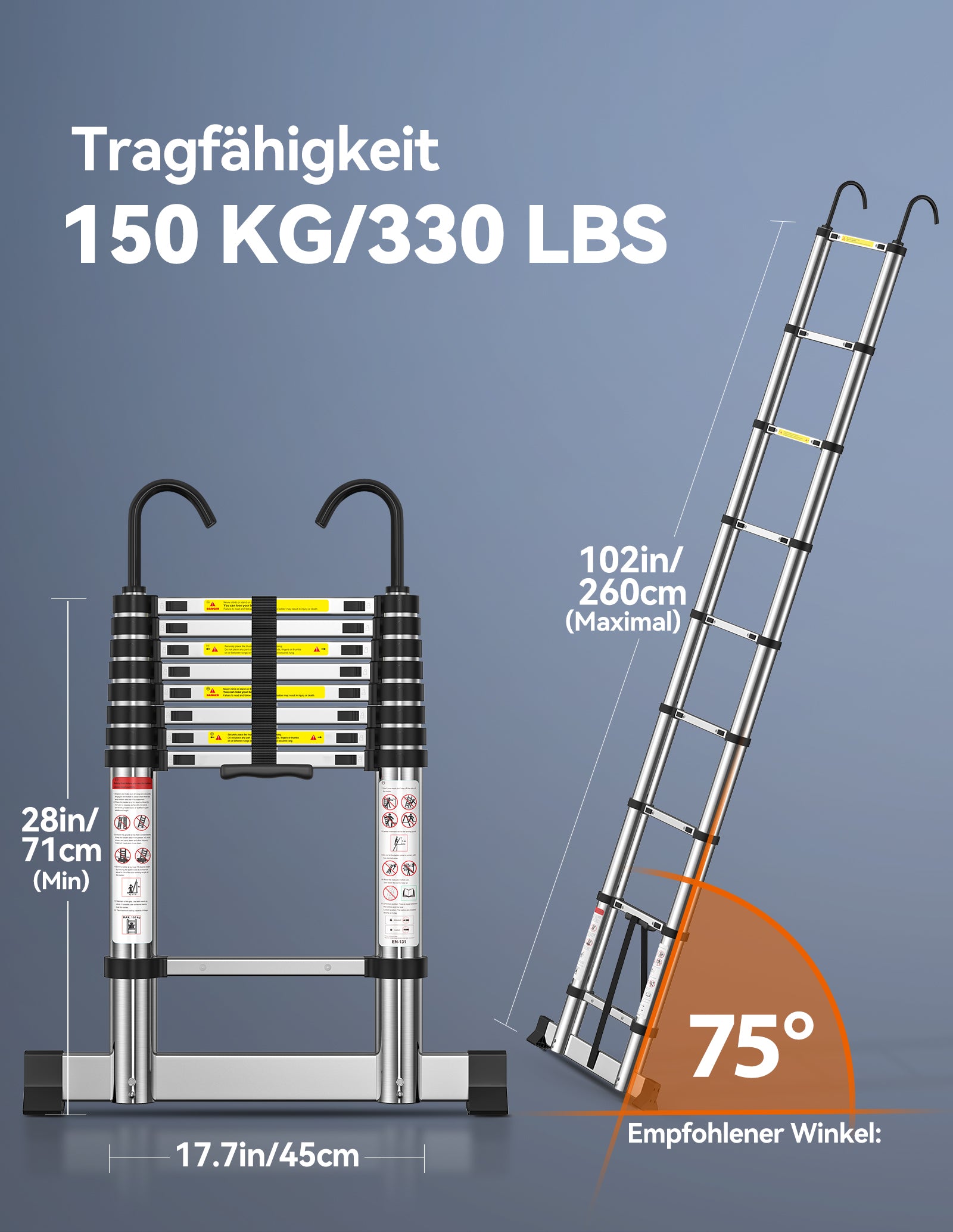 TECKNET Telescopic Ladder 3.8 m, Load 150 kg / 330 lbs