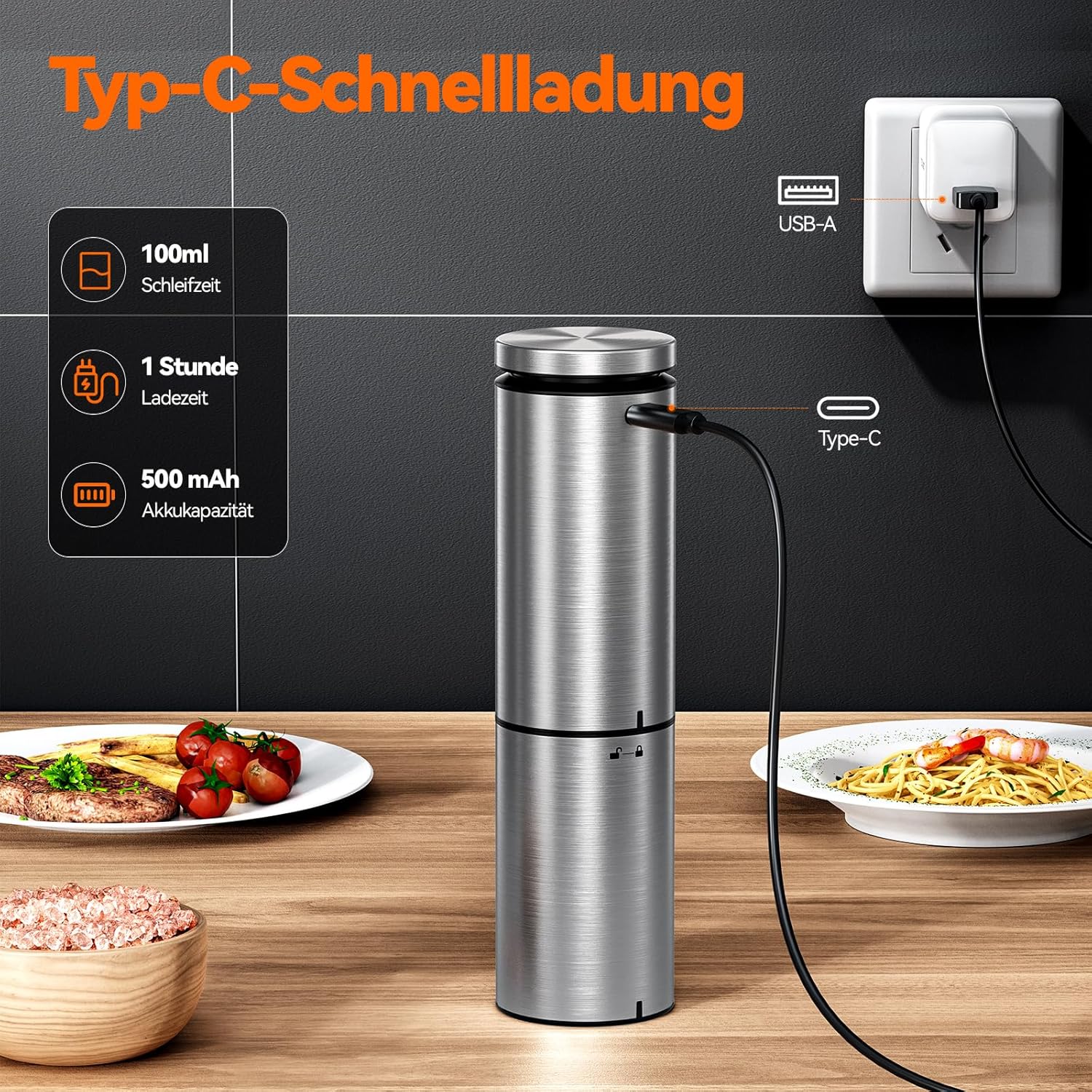VOXON Salz und Pfeffermühlen 2er Set mit USB Wiederaufladbarer