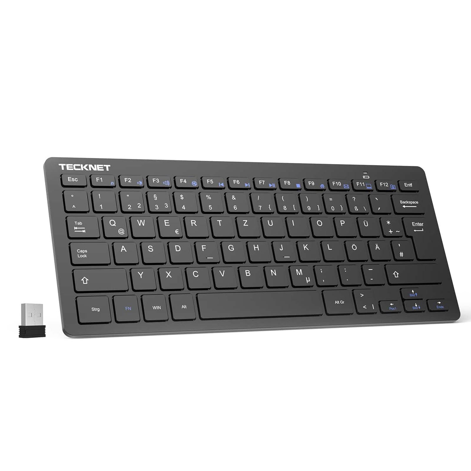 TECKNET Slim Kabellose Tastatur, 2.4 GHz, 78 Tasten Mini Wireless Tastatur mit Nano USB Empfänger