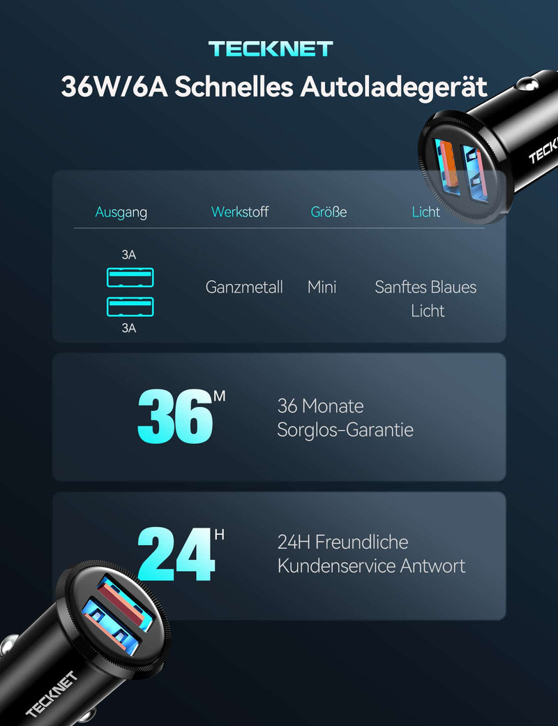 TECKNET Zigarettenanzünder USB-Autoladegerät, Dual QC3.0-Port 36W/6A Schnellladung