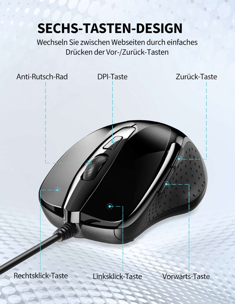 TECKNET USB-verkabelte Maus, 6-Tasten-Kabelgebundene Maus mit 4 einstellbaren DPI