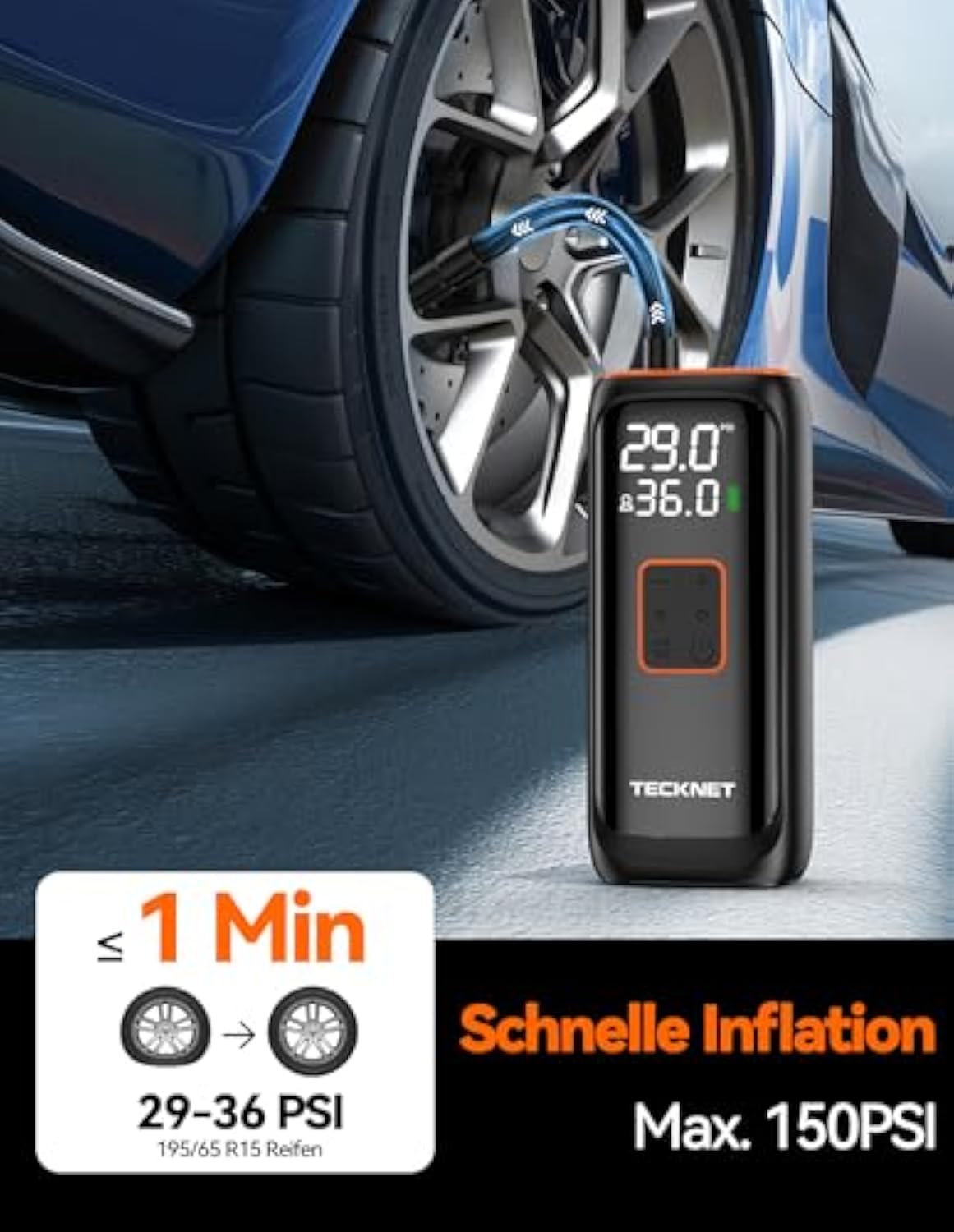 TECKNET Akku Kompressor 6000mAh, Elektrische Luftpumpe 150 PSI