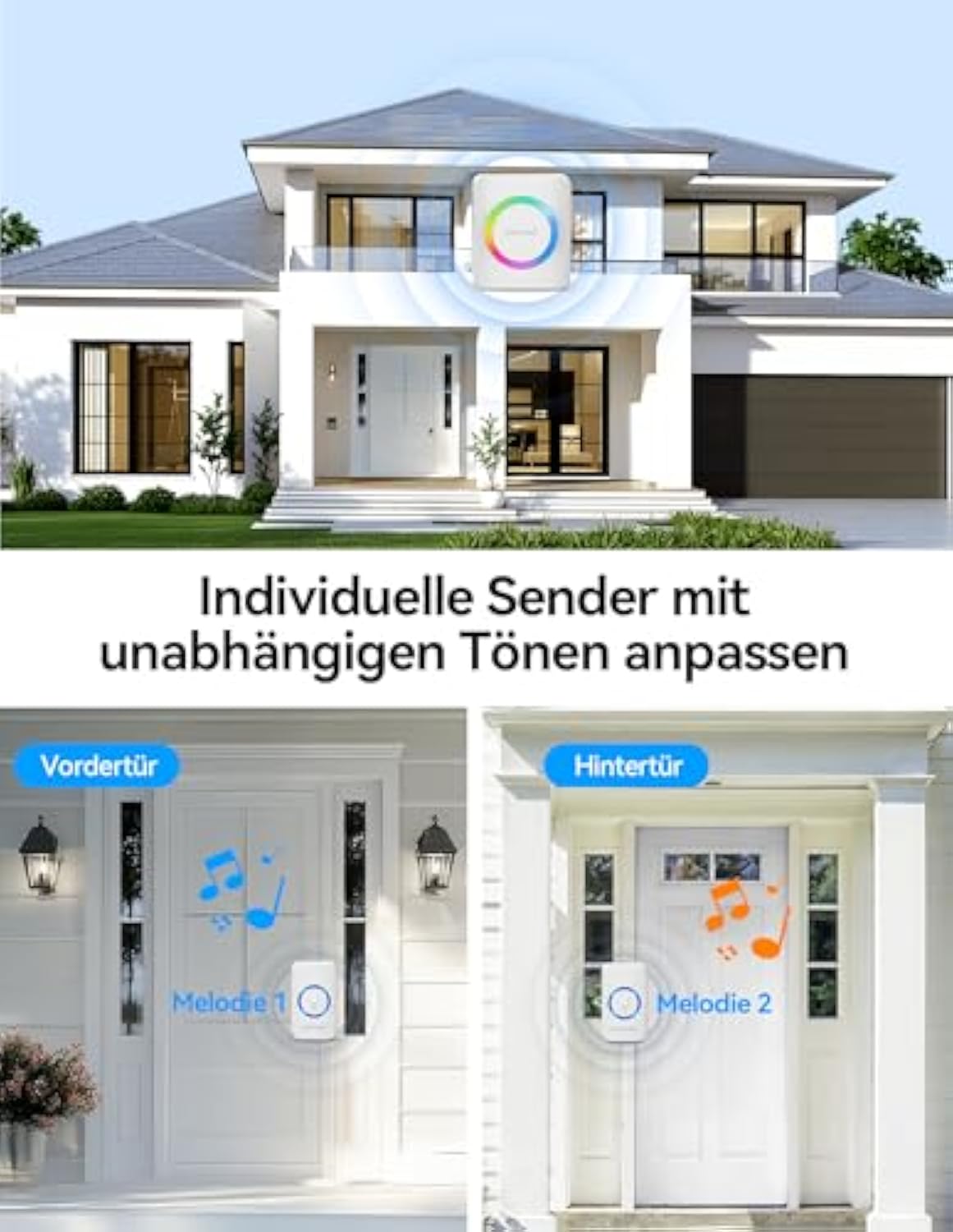TECKNET Funkklingel, IP65 Funk klingel Set Aussen Wasserdicht, Kabellose Türklingel 600M Reichweite, Haustür Klingel kit mit 1 Plug-In-Empfänger und 2 Sender