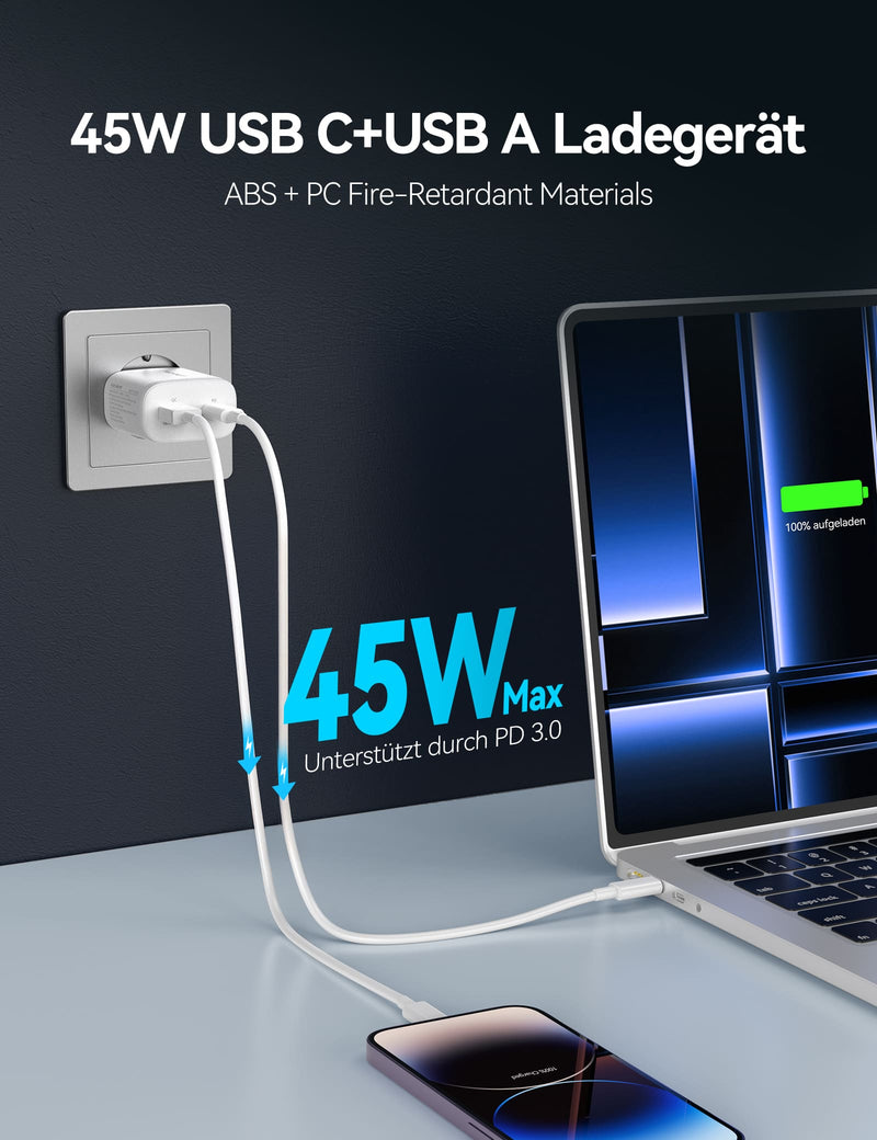 TECKNET 45W USB C ladegerät, 2-Port (1 USB C+1 USB) GAN Ⅲ Netzteil