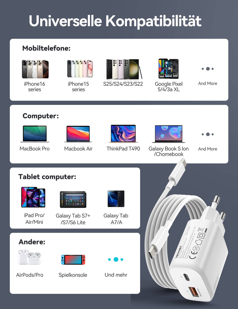 TECKNET 45W USB C ladegerät, 2-Port (1 USB C+1 USB) GAN Ⅲ Netzteil